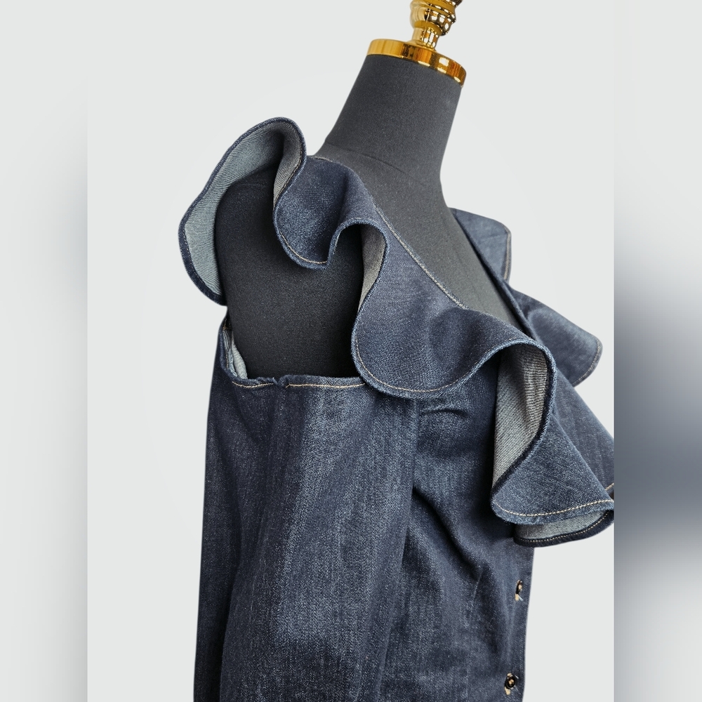 The Attico Ruffle Denim Blouse Scoop Neck Cold Shoulder Made in Italy | US Small - Picture 7 of 11